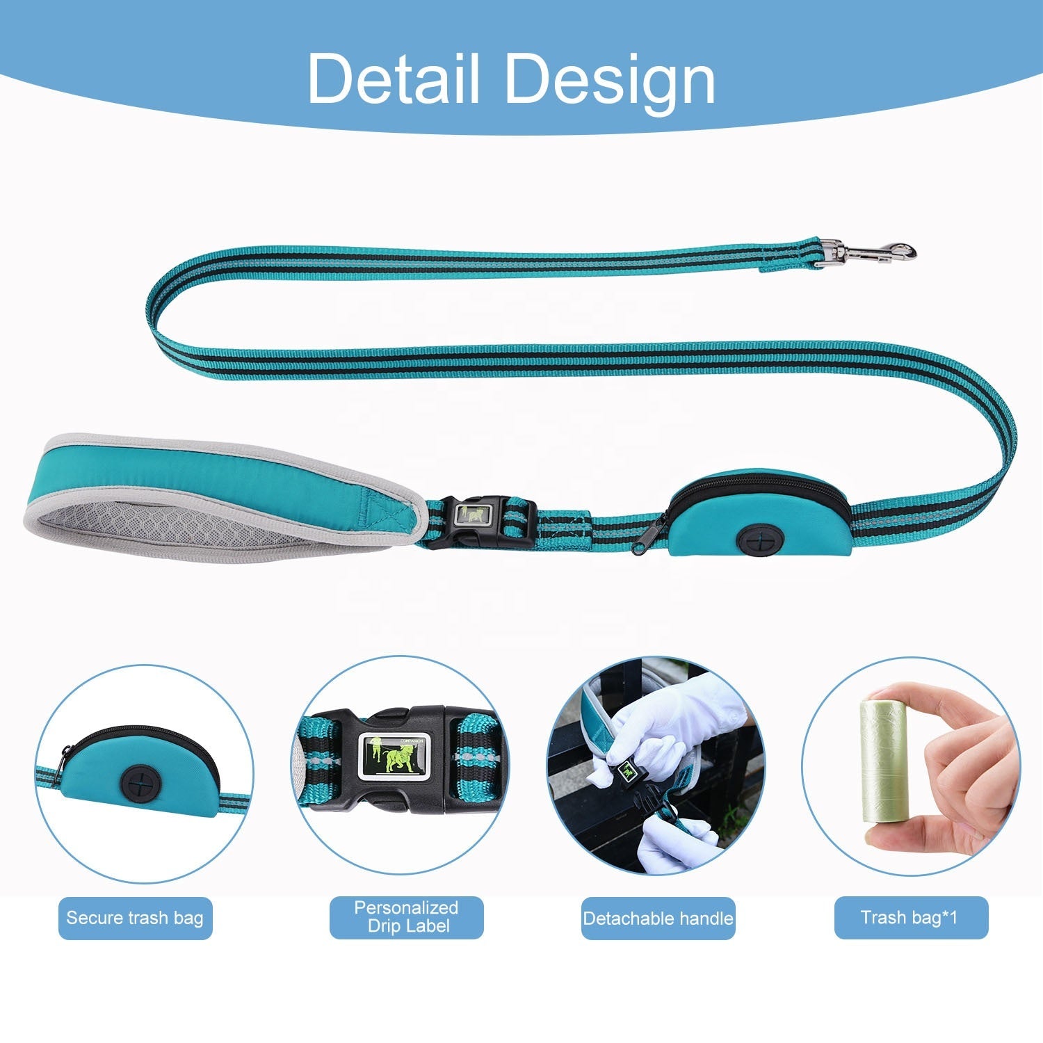 Nylon Combat Padded Dog Leash Double Handle Poop Bag Holder
