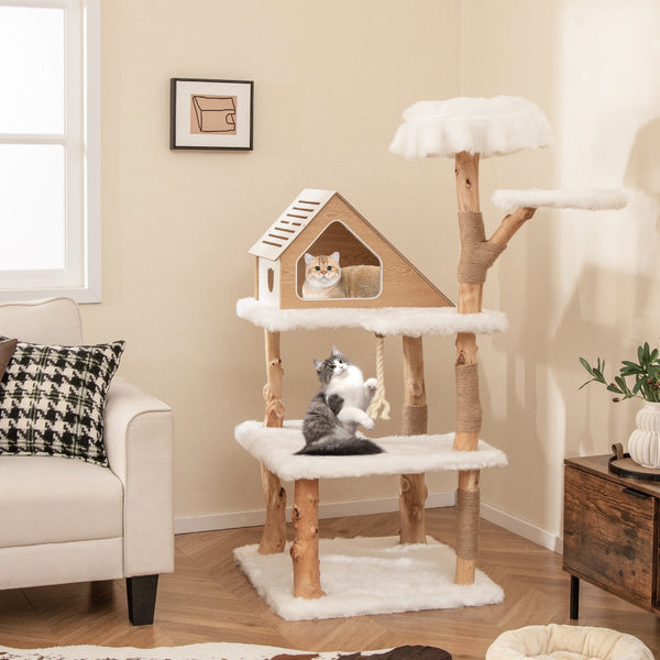 60 Inch Tall Solid Wood Cat Tree Modern White Tower