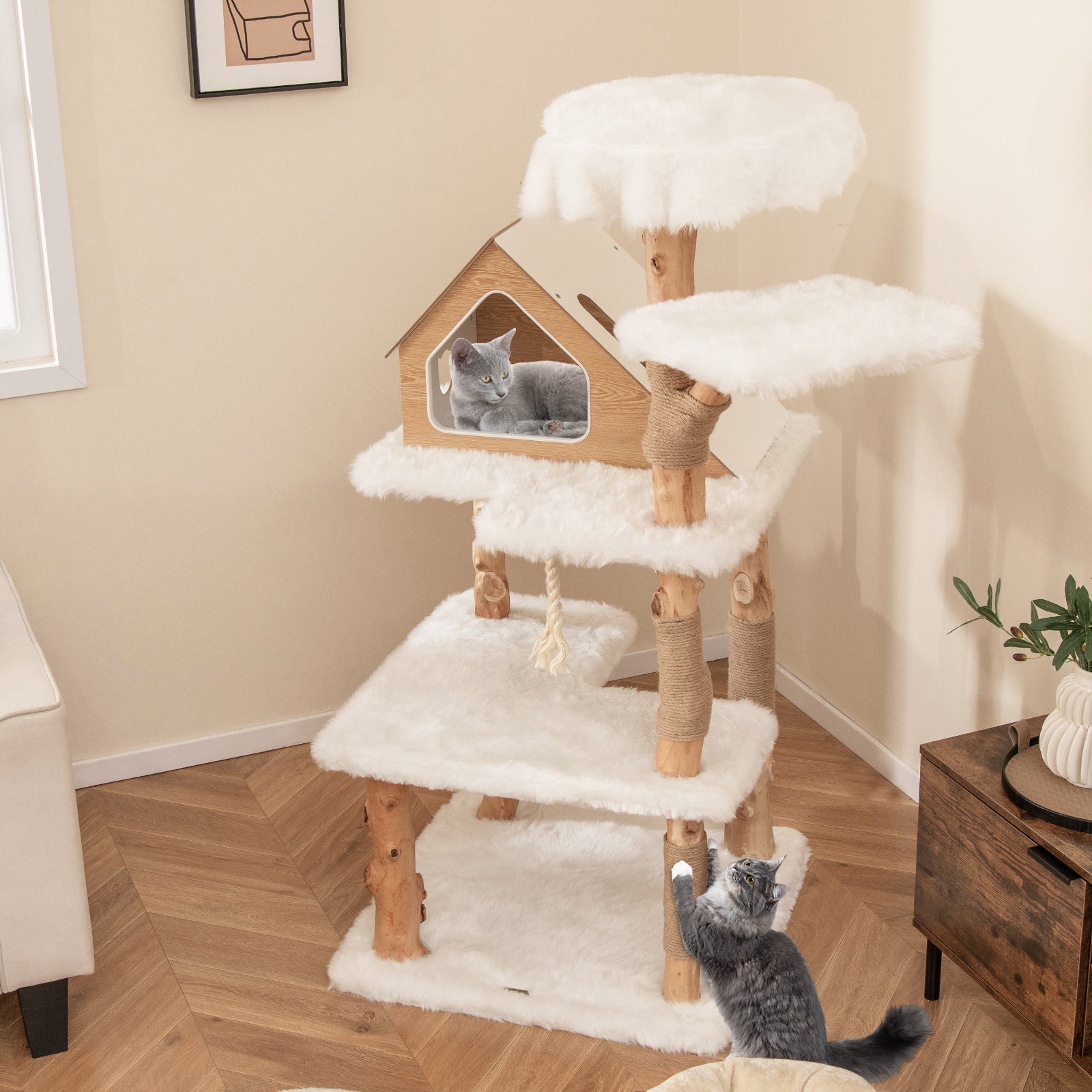 60 Inch Tall Solid Wood Cat Tree Modern White Tower