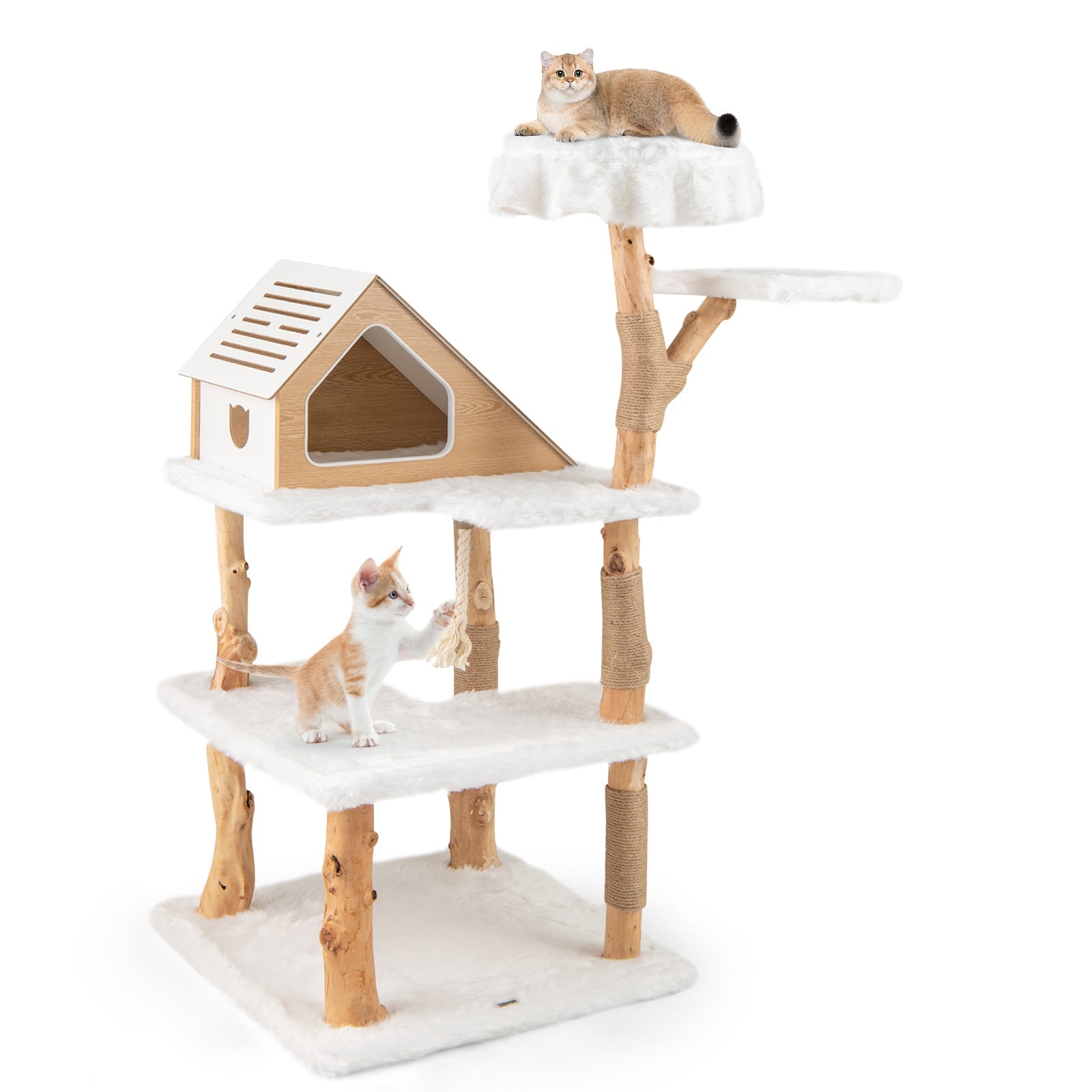 60 Inch Tall Solid Wood Cat Tree Modern White Tower