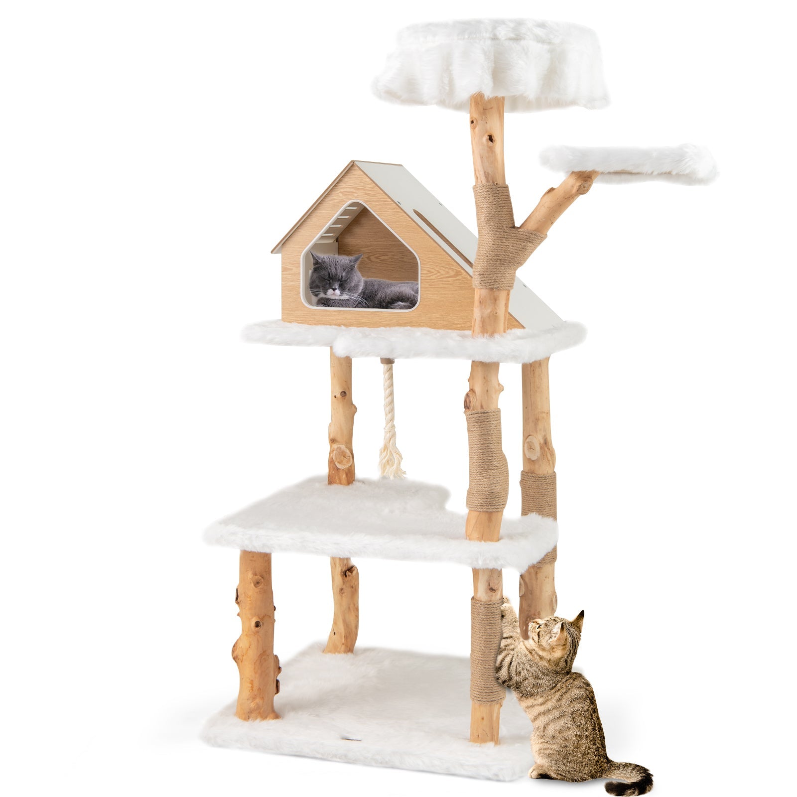 60 Inch Tall Solid Wood Cat Tree Modern White Tower
