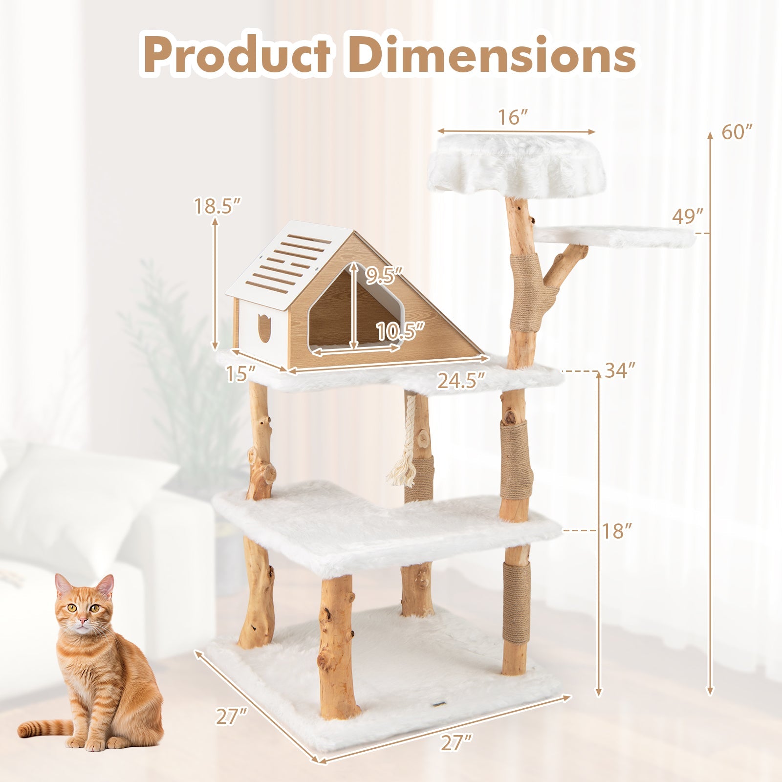 60 Inch Tall Solid Wood Cat Tree Modern White Tower