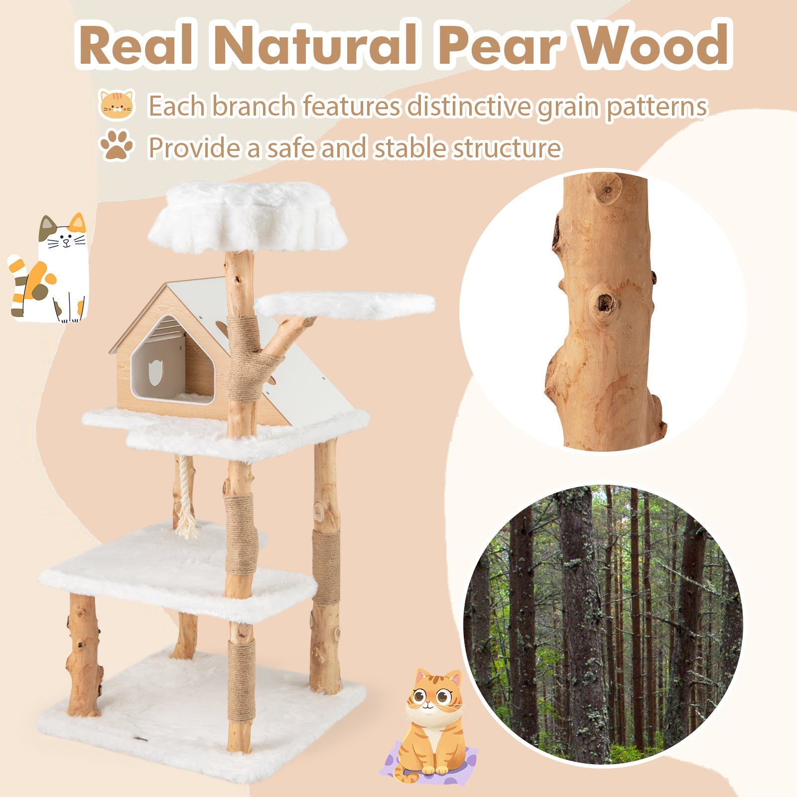60 Inch Tall Solid Wood Cat Tree Modern White Tower