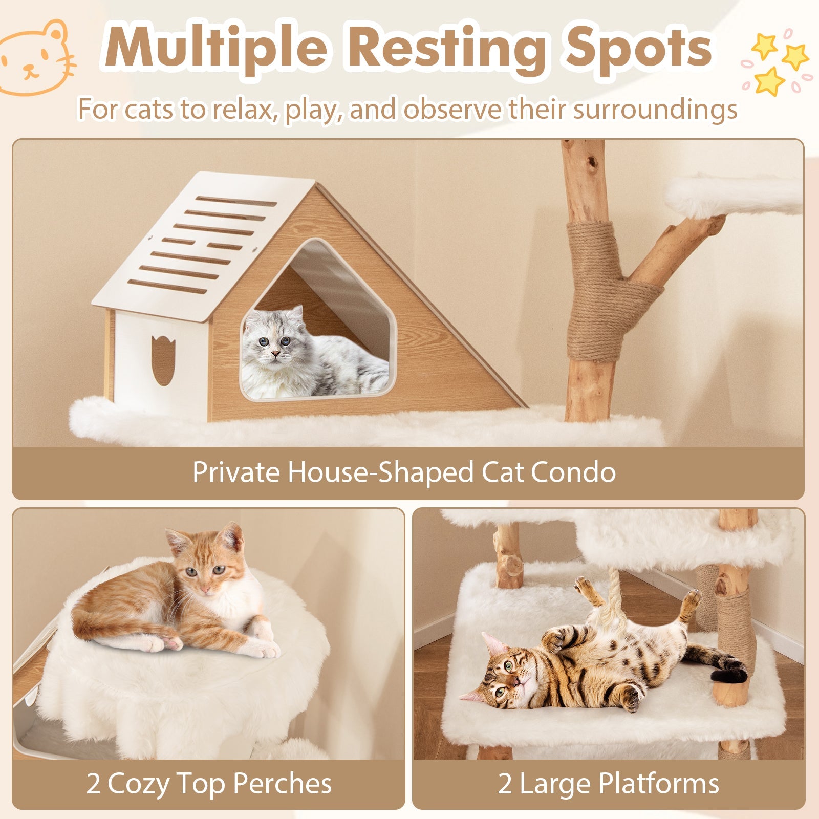 60 Inch Tall Solid Wood Cat Tree Modern White Tower