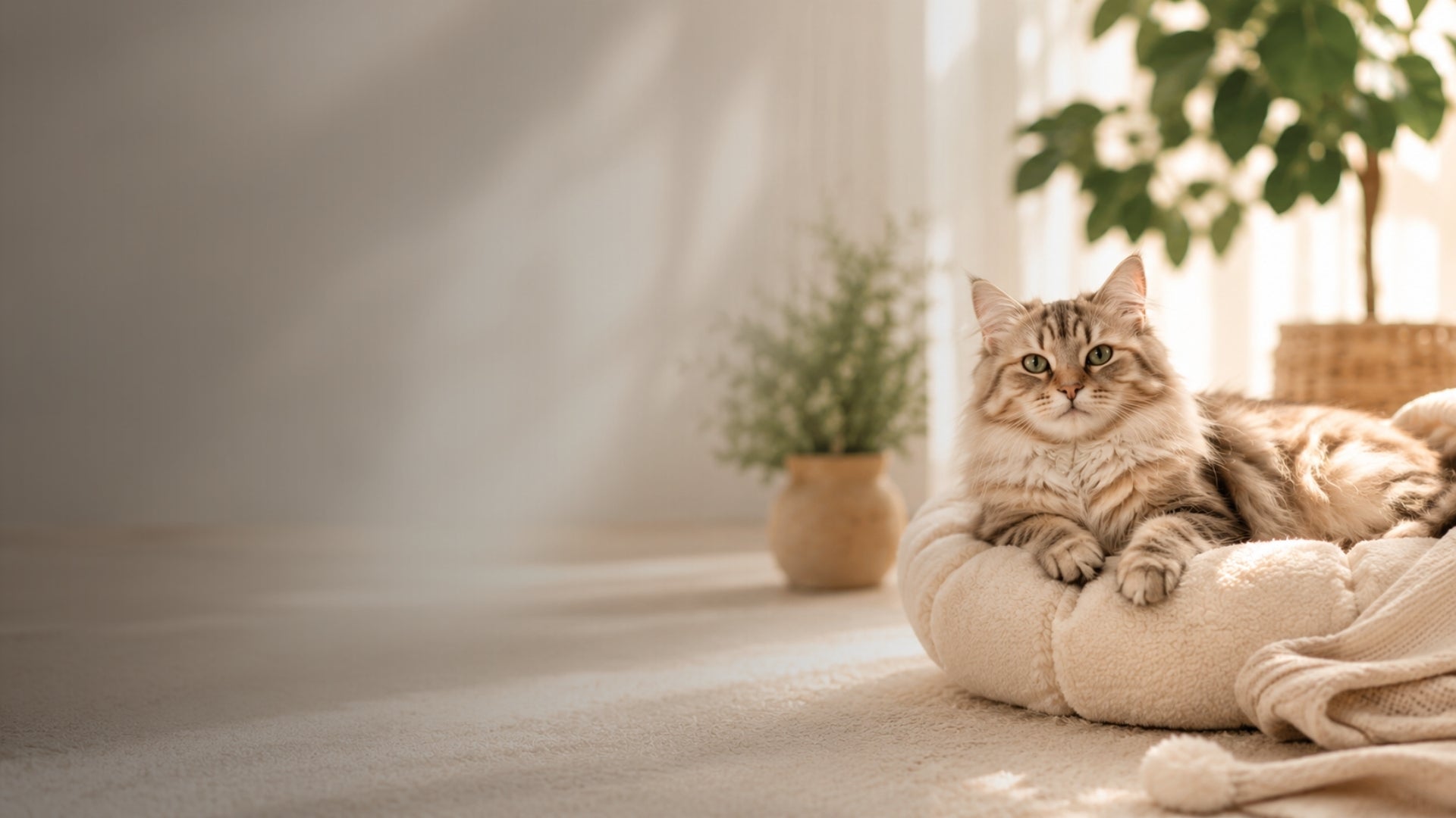 fluffy long haired cat resting comfortably in a soft cream pet bed indoors