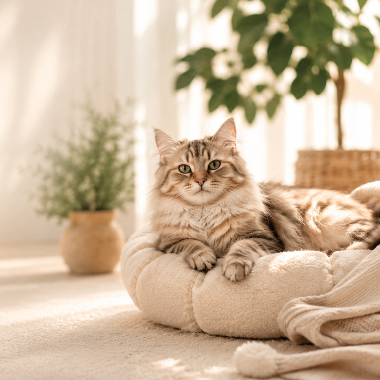 fluffy long haired cat resting comfortably in a soft cream pet bed indoors