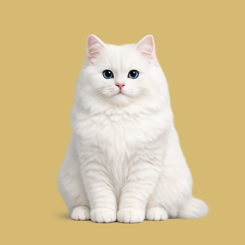 elegant fluffy white cat with blue eyes sitting on tan background