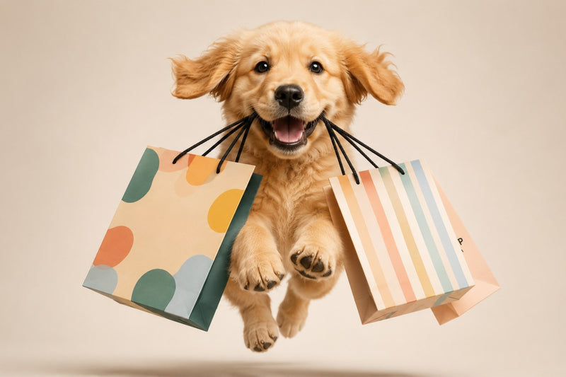 excited golden retriever puppy jumping while carrying colorful paper shopping bags