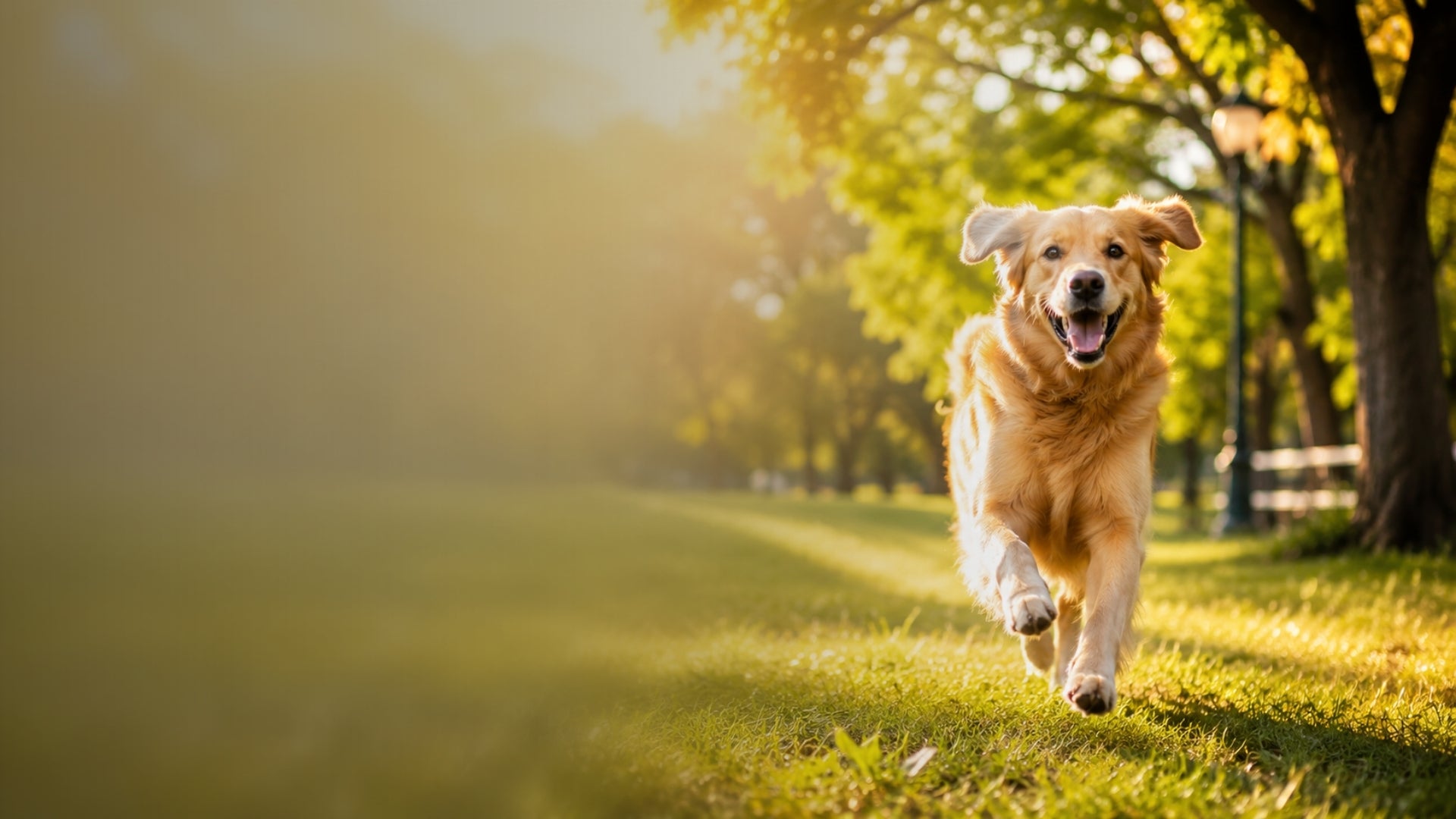 happy golden retriever dog running through a sunny green grass park