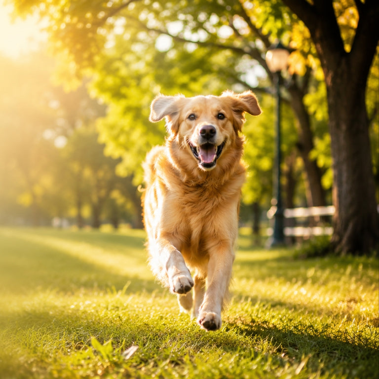 happy golden retriever dog running through a sunny green grass park