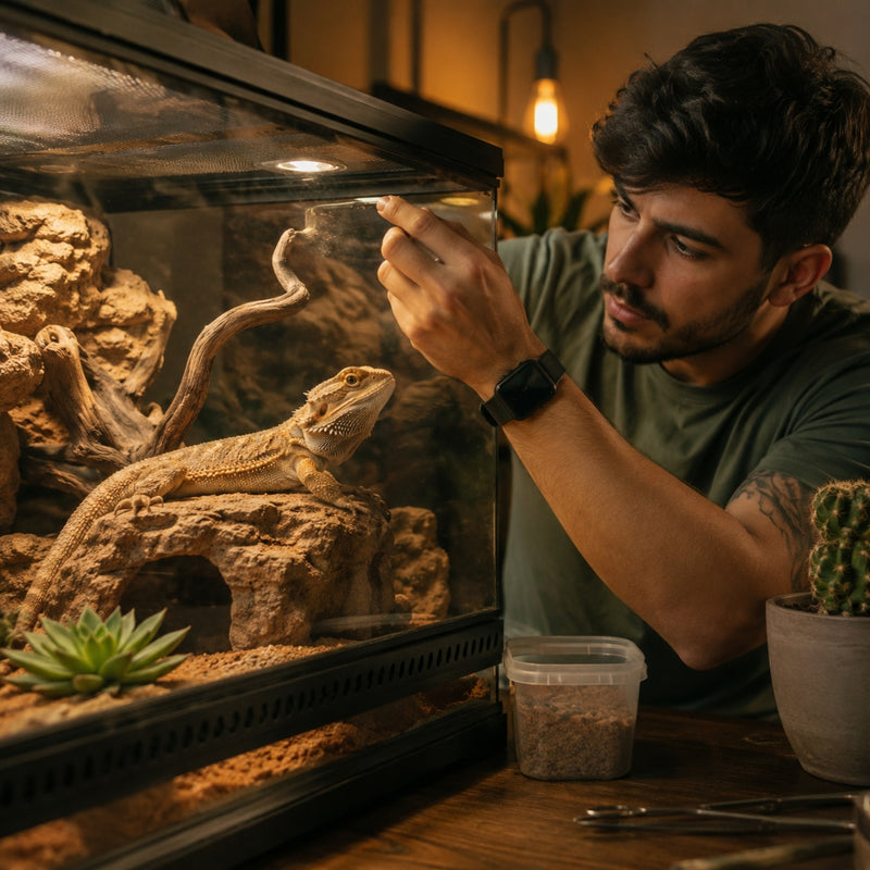man carefully feeding a bearded dragon inside a glass reptile terrarium