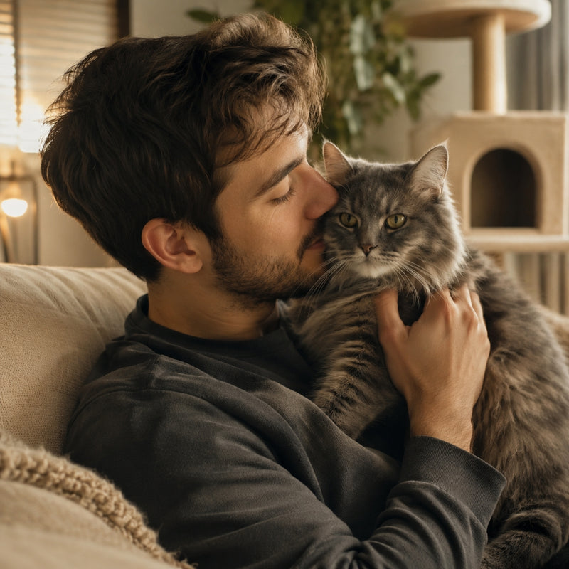 man cuddling a fluffy grey tabby cat near a wooden cat tree