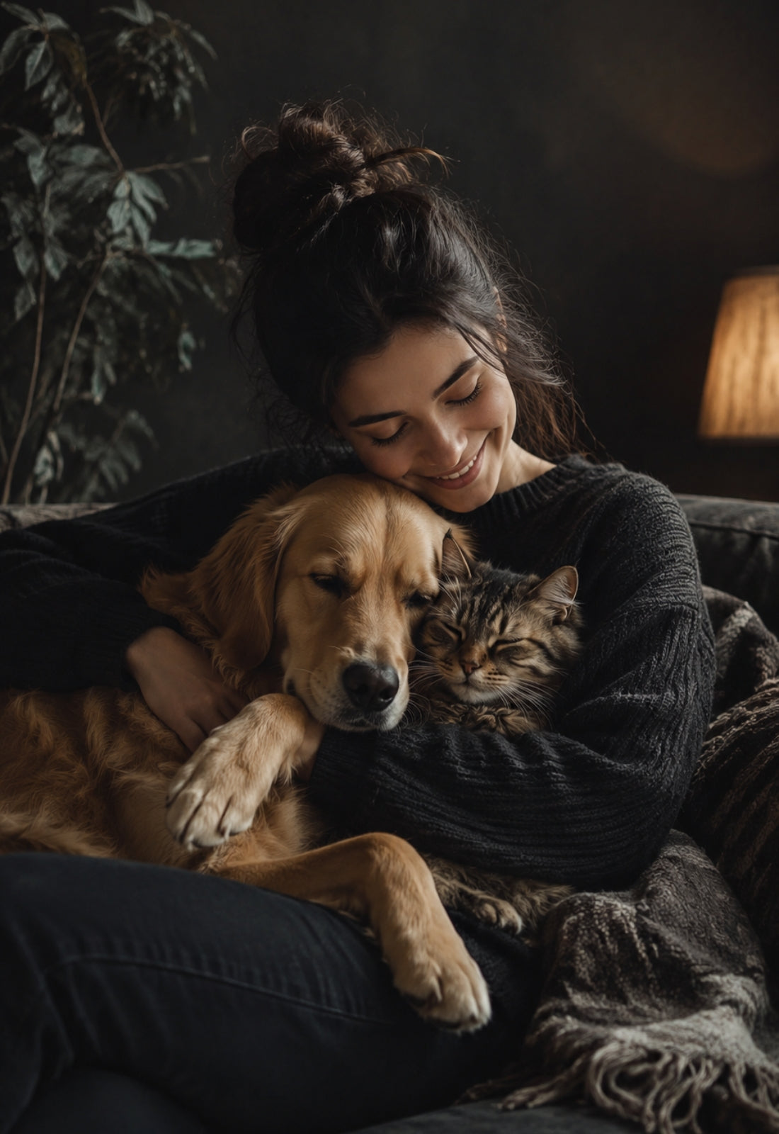 smiling woman hugging a golden retriever and tabby cat together indoors
