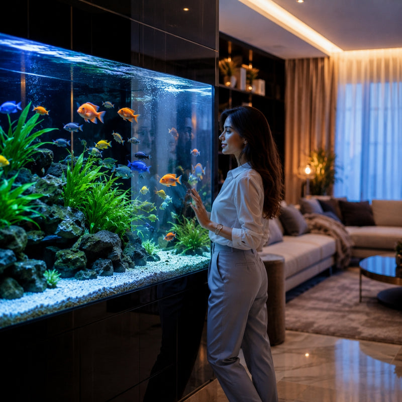 woman looking at vibrant orange and blue fish in large aquarium